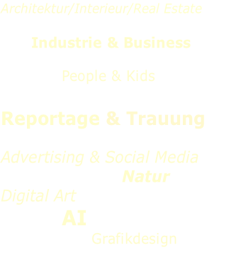 Architektur/Interieur/Real Estate  Industrie & Business  People & Kids							 								  Reportage & Trauung  Advertising & Social Media Natur Digital Art									 AI Grafikdesign